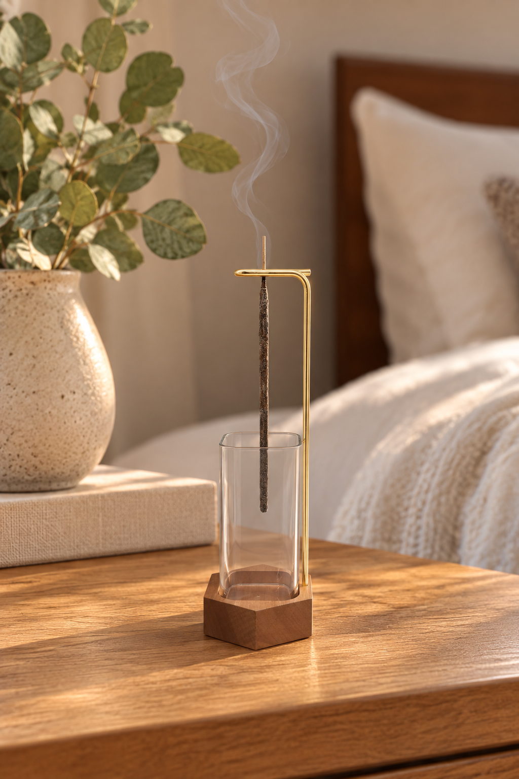Upside Down Glass and Wood Incense Holder